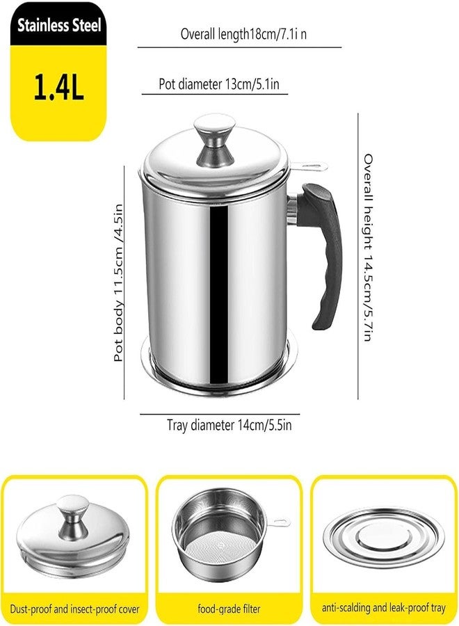 KRUPAVI Grease Container with Strainer,1.4L Stainless Steel Oil Container,Pot Fat Storage with Lid,Oil Strainer Pot Easy Grip Handle Suitable for Storing Frying Oil (14.5 X 13.6 X 14 CM, Silver) - Image 2
